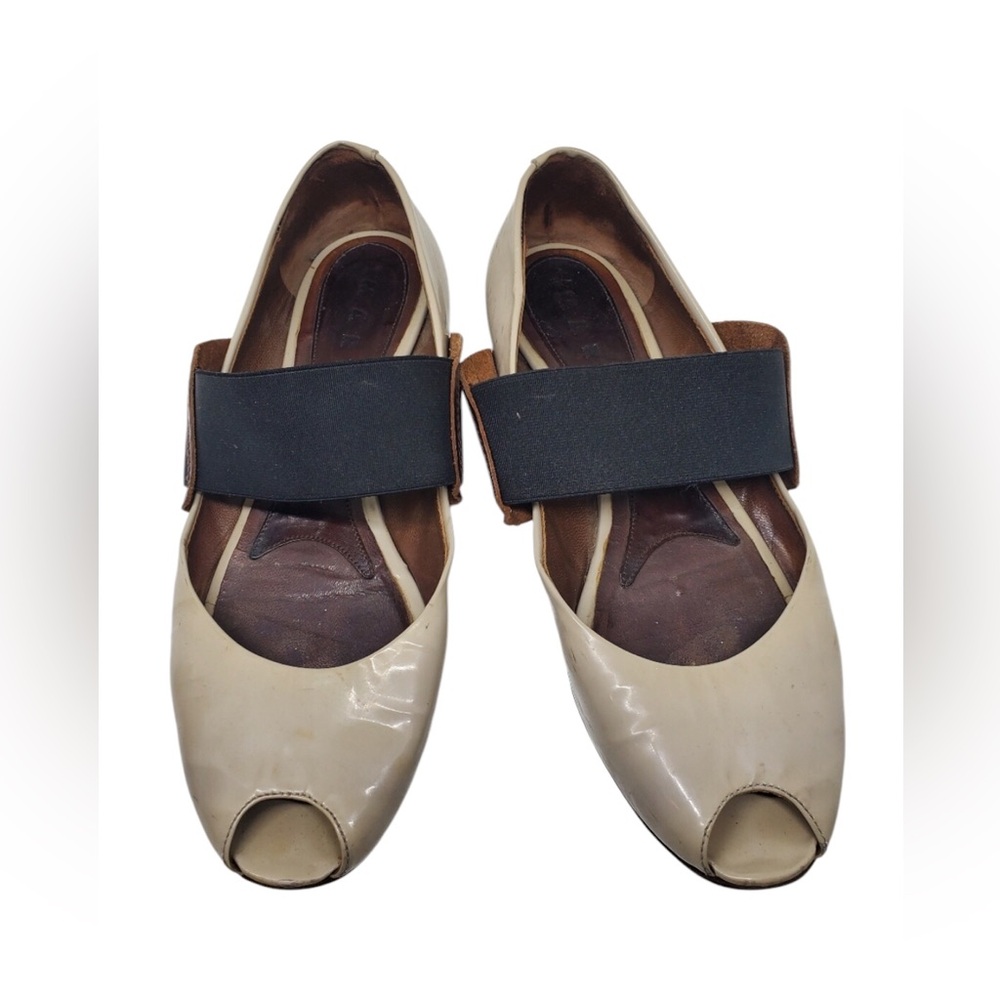 Marni Black & Cream Peep Toe Ballet Flats Leather Shoes patent leather